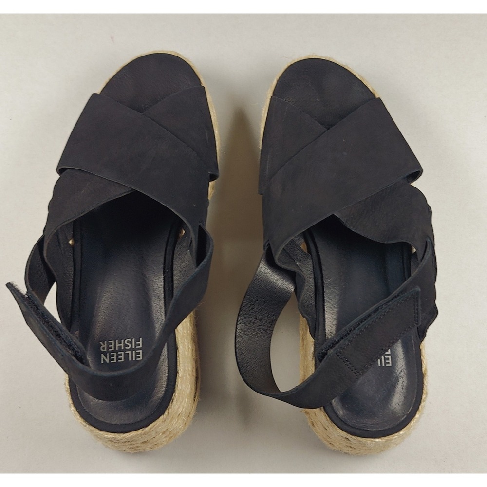 Eileen Fisher Women's Black Leather Timor Espadrille Wedge Sandals Size 7